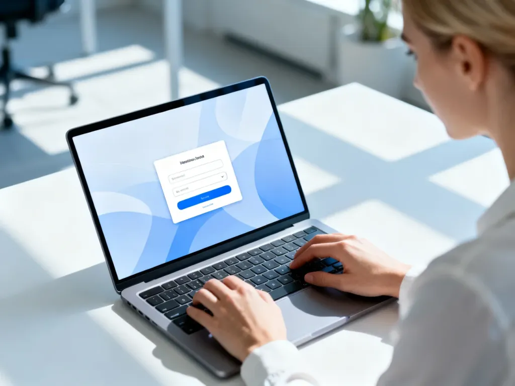 Kobieta pracująca przy laptopie z widocznym interfejsem logowania w nowoczesnym, jasnym biurze.
