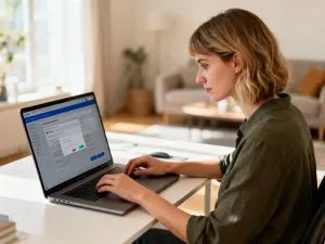 Mężczyzna korzystający ze smartfona i laptopa w nowoczesnym domowym biurze, obsługujący panel klienta Inea.