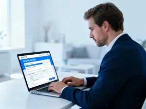 Kobieta pracująca przy laptopie w nowoczesnym biurze, symbolizująca obsługę panelu klienta My Raben.