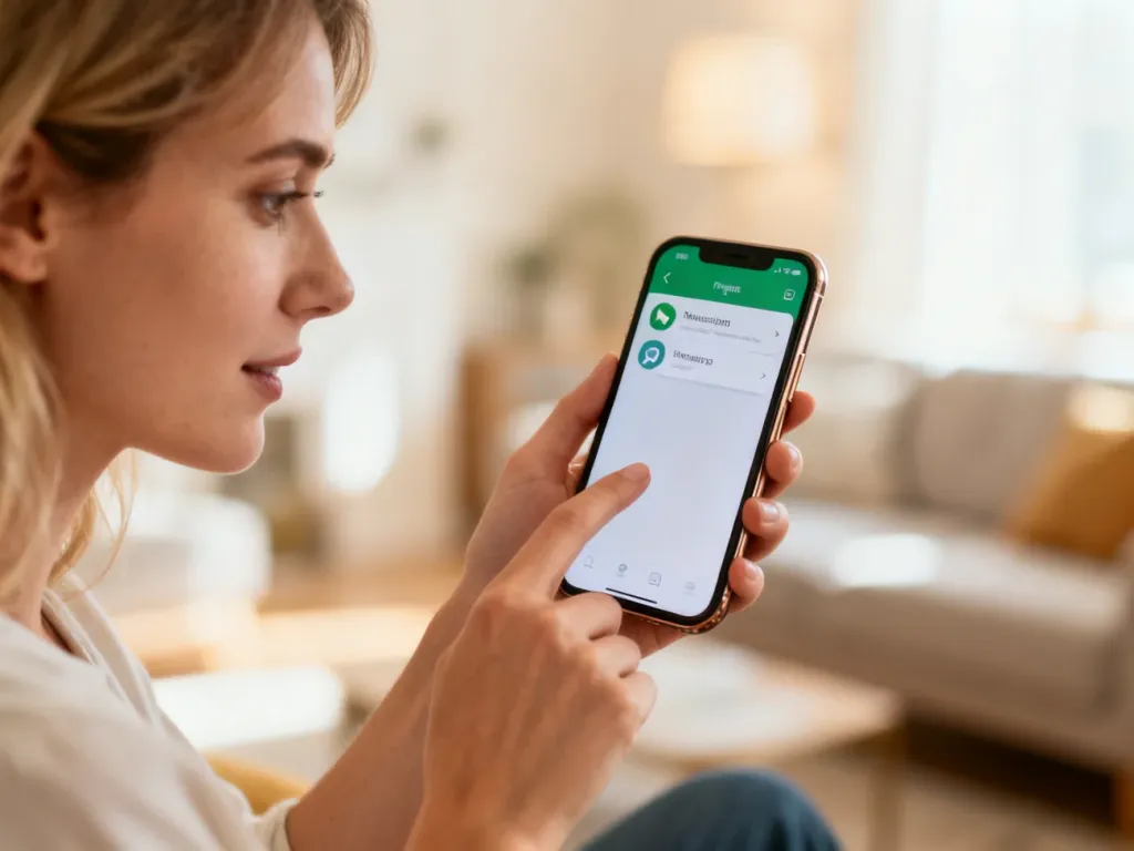 Kobieta trzymająca smartfon z otwartą aplikacją do przesyłania wiadomości w przytulnym salonie.