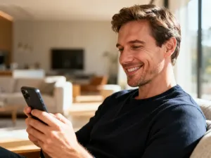 Mężczyzna pracujący przy laptopie w nowoczesnym biurze domowym, logujący się do platformy cyfrowej.