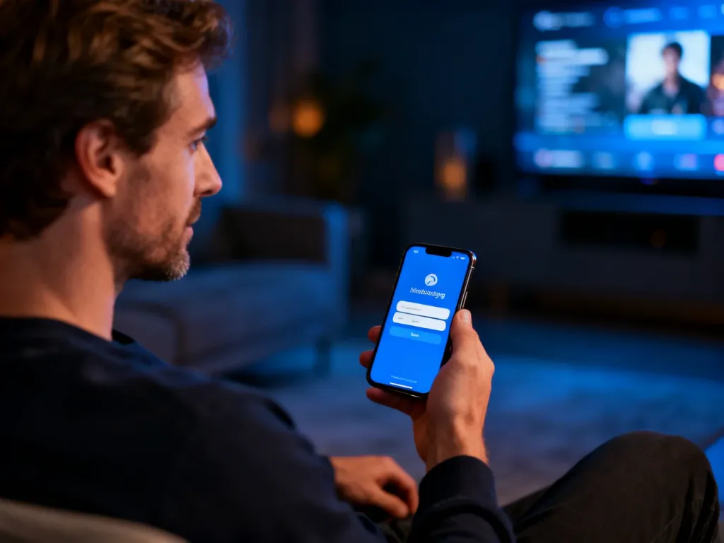 Mężczyzna logujący się do aplikacji na smartfonie w nowoczesnym salonie.