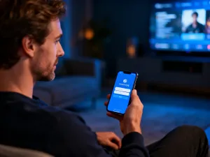 Uśmiechnięta kobieta korzystająca z tabletu w przytulnym salonie, symbolizująca wygodny dostęp do platformy Disney+.